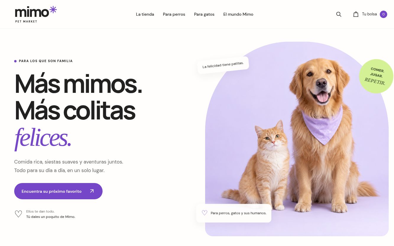 Hero de Mimo Pet Market: Más mimos, más colitas felices