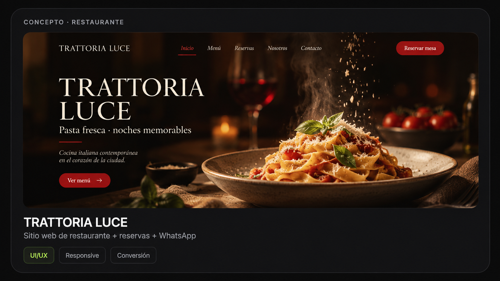 Presentación conceptual de Trattoria Luce, con fotografía de pasta artesanal y una identidad visual cálida.